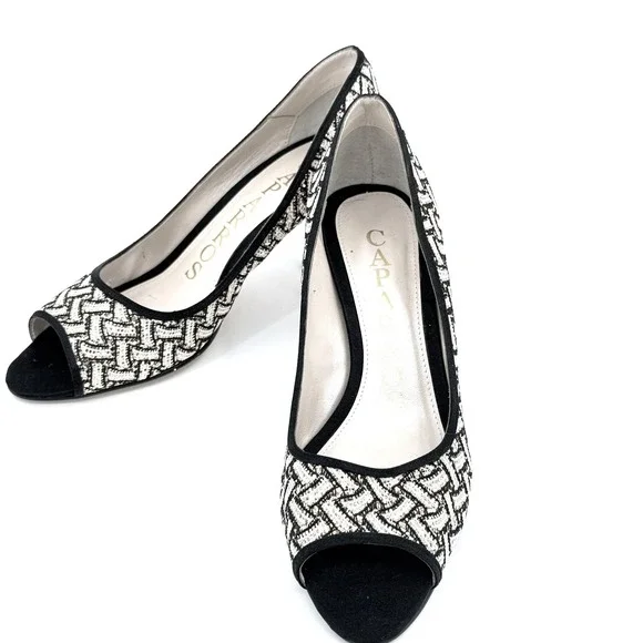 Caparros Womens Black Gold Woven Peep Toe Kitten‎ 3.5
