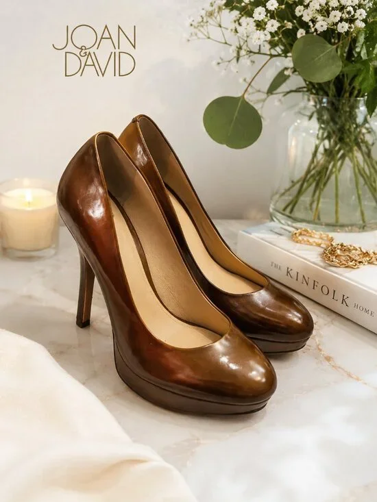 Joan & David Brown Leather Platform Pumps Stiletto Heels Round Toe Size 8.5M