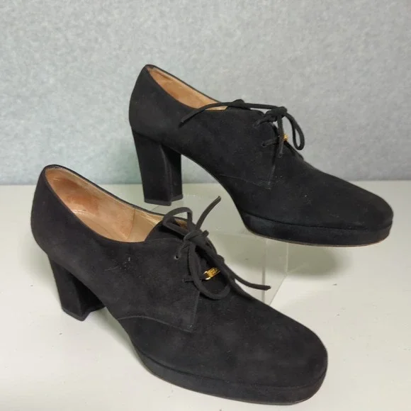 St. John Black Suede Lace Up Block Heel Pumps‎ Ankle Booties Women's Sz 8.5