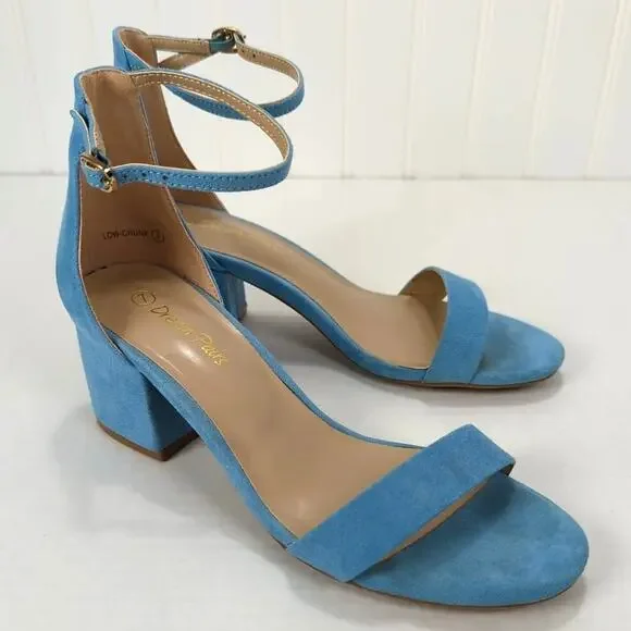 Dream Pairs Blue Strappy Block Heel Sandals Ankle Strap Buckle Open Toe Womens 7