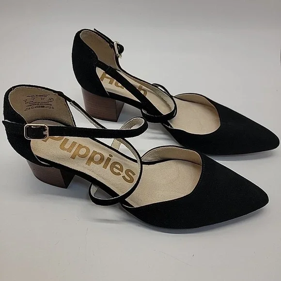 HUSH PUPPIES Sofie Cross Strap Black Suede Leather Womens Sz 9 Mid Block Heels‎