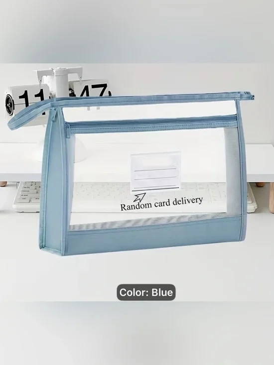 Clear-Front Blue Zippered Storage Pouch - Home Organization