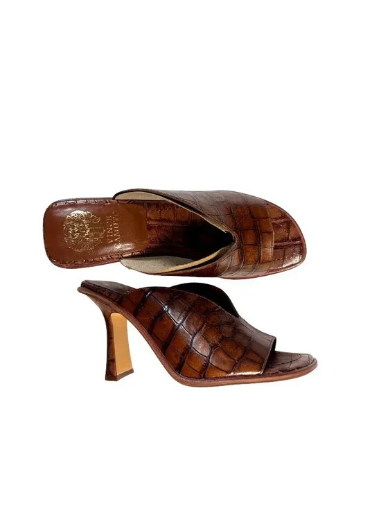 Vince Camuto Mershid Brown Croc-Embossed Leather Open-Toe Heels Size 6M