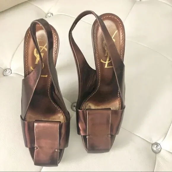 YSL Yves Saint Laurent metallic woven heels 61/2