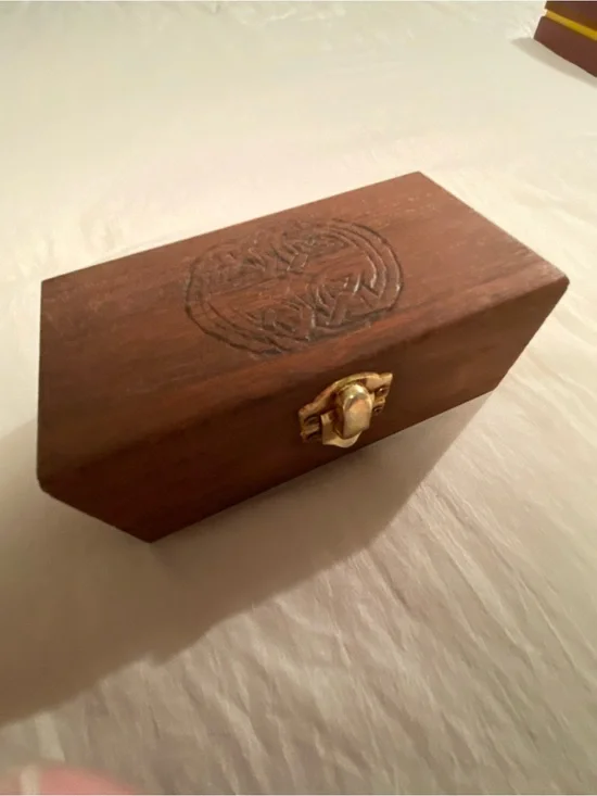 Wooden Celtic Carved Jewelry Box with Brass Latch - Brown
