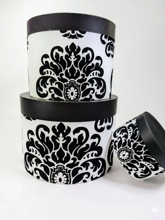 Set of 3 Vintage Flocked Damask Hat Boxes Black & White Round Nesting Storage