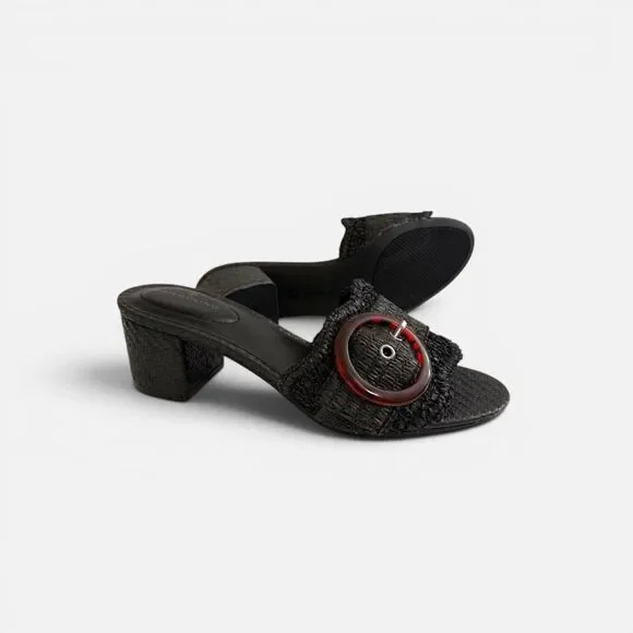 Bandolino Anni Raffia Crochet Block Black Heel Sandals, NEW! Size 8.5