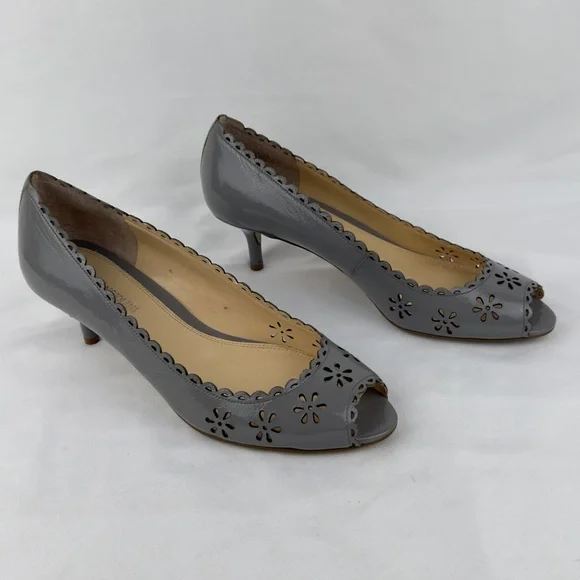 Enzo Angiolini Gray Patent Leather Scalloped Peep Toe Kitten Heels 8.5
