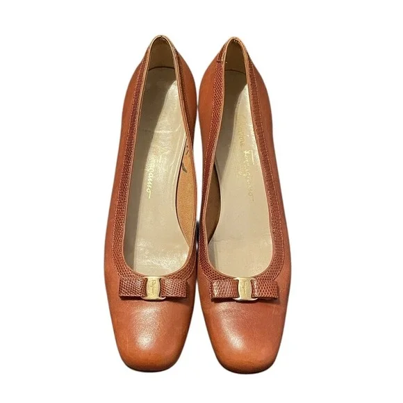 Salvatore Ferragamo Women's Cognac Brown Bow Accent Block Ballet Pumps Size‎ 10
