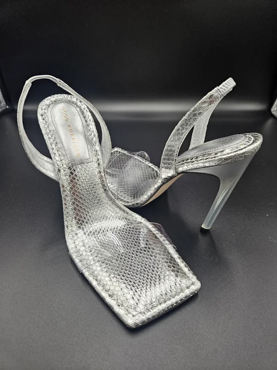 Good American Silver Snake Print Slingback Heels Clear Strap Stiletto Pumps 10.5