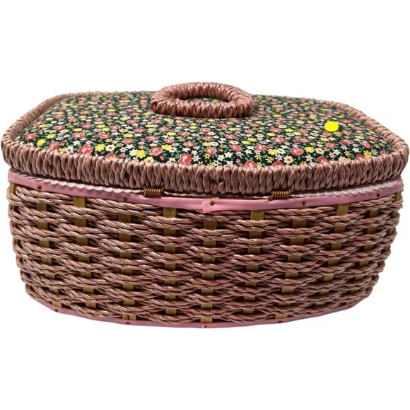Singer Sewing Basket Floral Pink Wicker Storage Organizer Vintage Cottagecore