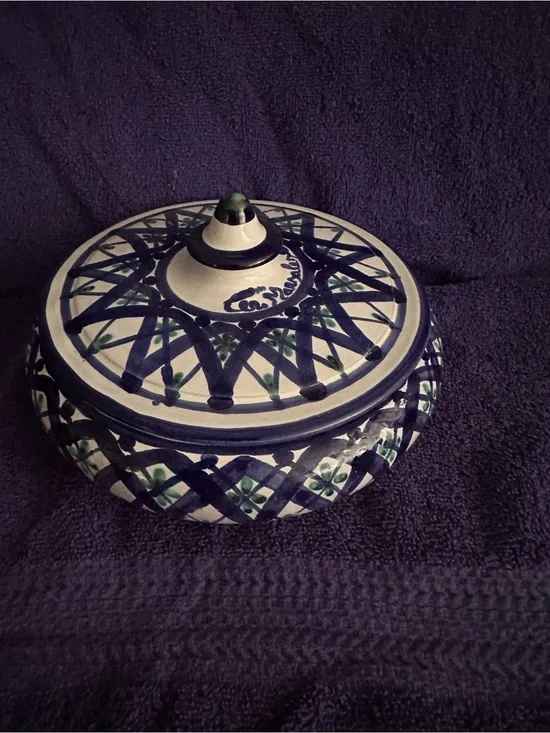 Blue & Green Ceramic Lidded Storage Bowl - Decorative Home Organizer