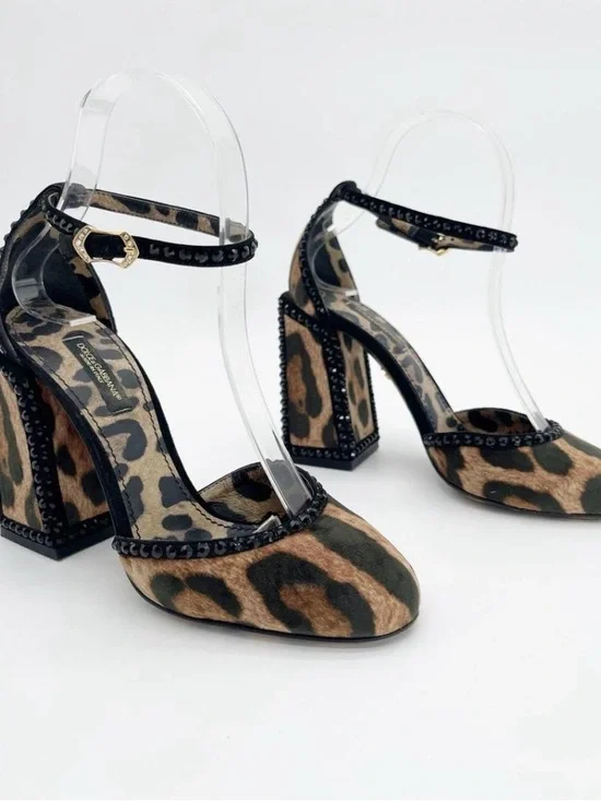 Dolce & Gabbana Leopard Print Block Heel Ankle Strap Pumps - Brown & Black