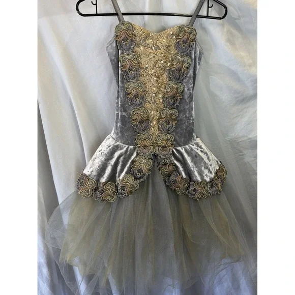 Revolution Dance Ballet Dress Women Small Grey Crush‎ Velvet Embroidered RC20959