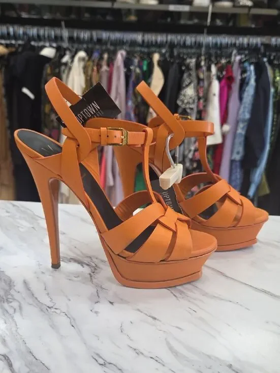 Yves Saint Laurent Orange Platform T-Strap Stiletto Sandals