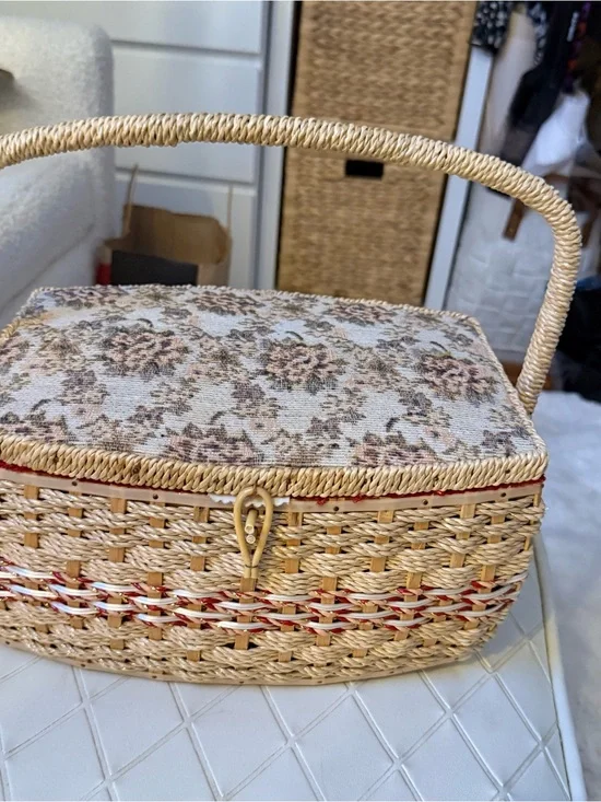 Vintage Penney's Fashion Wicker Sewing Basket with Floral Lid Cottagecore