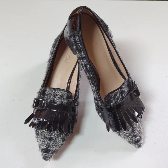 Franco Sarto, Grenoble, black and white Tweed heeled loafer. Size 10