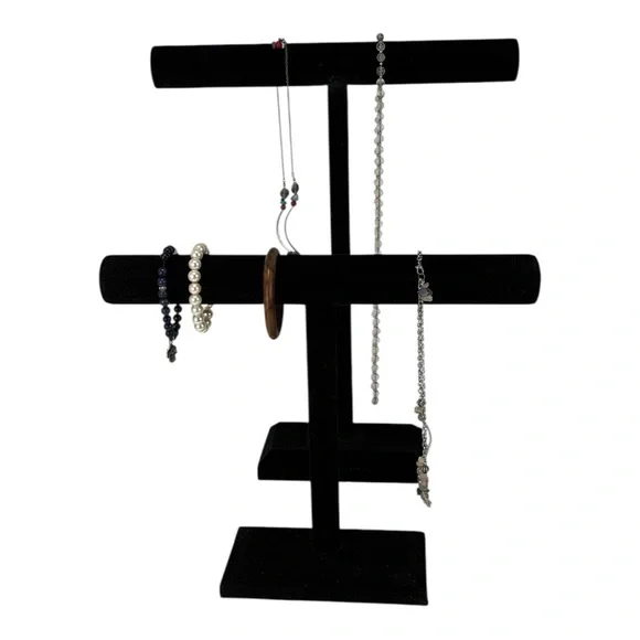 2 Long black velvet T-Bar necklace and Bracelet Display