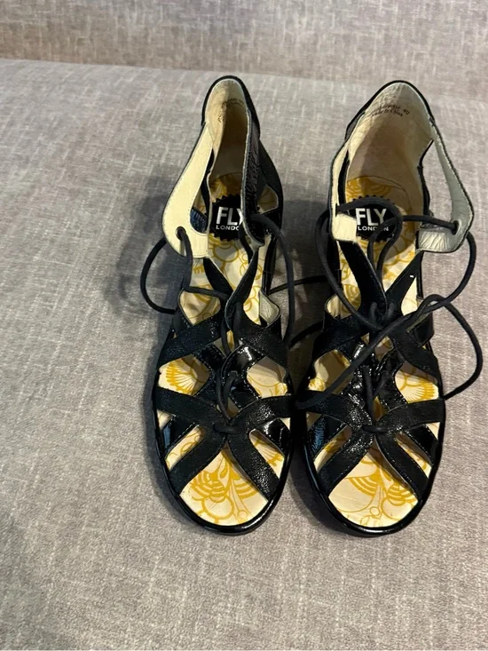 Fly London Black Patent Lace-Up Strappy Heels