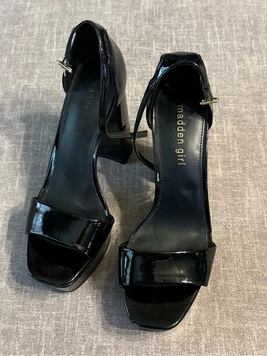 Madden Girl Black Patent Ankle-Strap Block Heels