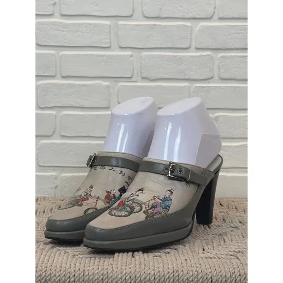 Icon Chinese Bicycle Print Grey Leather Mule Heels 5.5