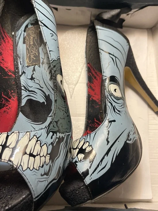 Iron fist zombie Women’s Peep-Toe Graphic Heels in Light Blue and Black