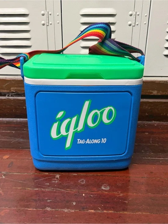 Vintage Igloo tag along 10 Blue Cooler with Green Lid and Rainbow Strap