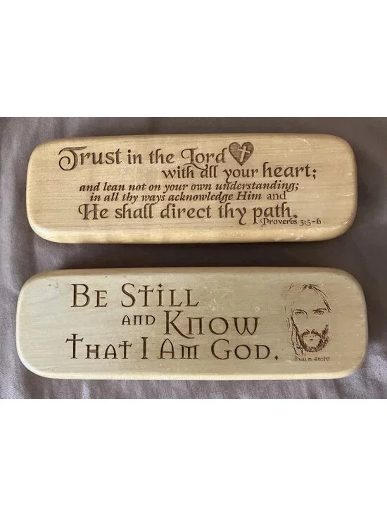 Set Of 2 Pen Holders Wood Crafted Hinged Case Religious Themed With 1 Wooden Pen