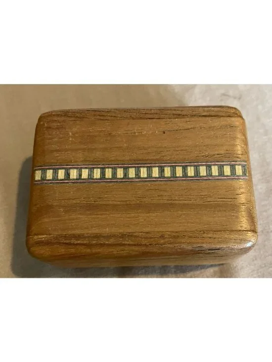 Wooden Trinket Box With Inlay Top & Slide Lid Heart On Back 2 3/4” Long
