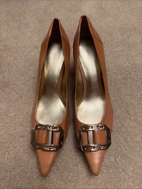 Nine West Cognac Pointed-Toe Buckle Pumps