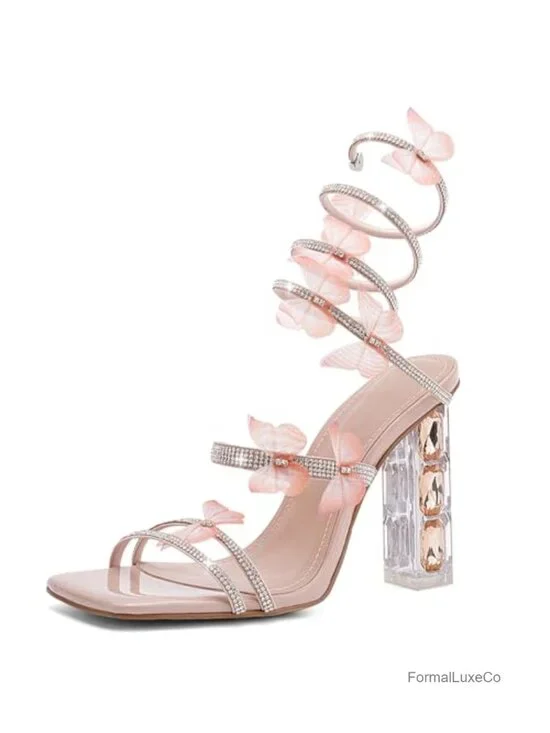 Rhinestone Butterfly Strappy Square Toe Heeled Sandals Prom Dressy