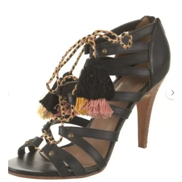 Ulla Johnson Tassel Accent Heels Sandals Women's 37 Black Brown Strappy