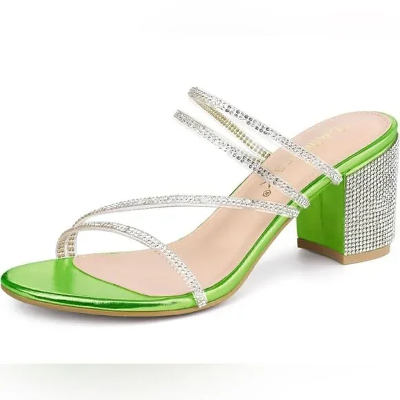 Allegra K Women's Strappy Rhinestone Block Heel Slide Sandals Green Size 8