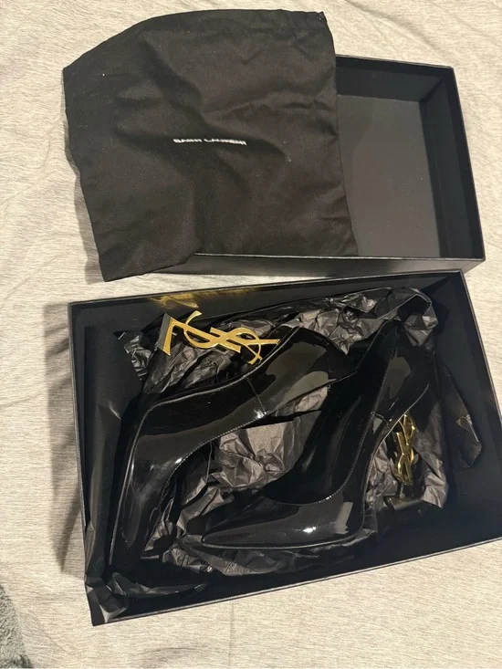 Saint Laurent Black Patent Leather Stiletto Pumps with Gold YSL Logo Heels