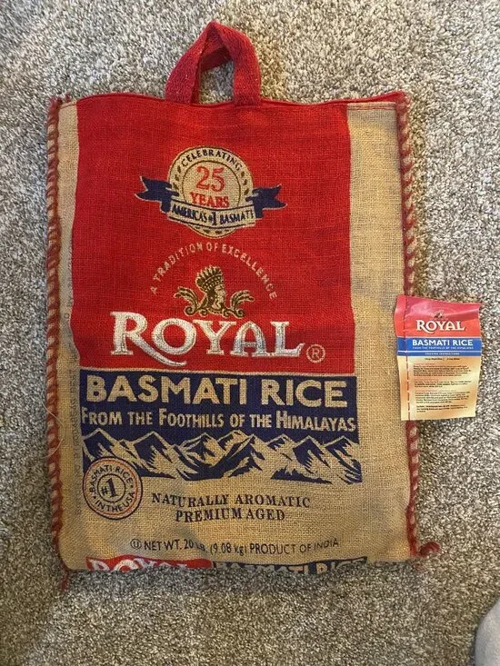 Royal Basmati Rice Bag 20lbs Burlap Handles Zipper Heavy Duty 25th Anniv NO RICE