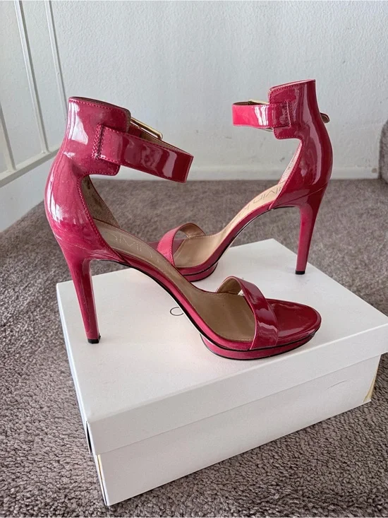 Calvin Klein Raspberry Patent Ankle-Strap Stiletto Sandals