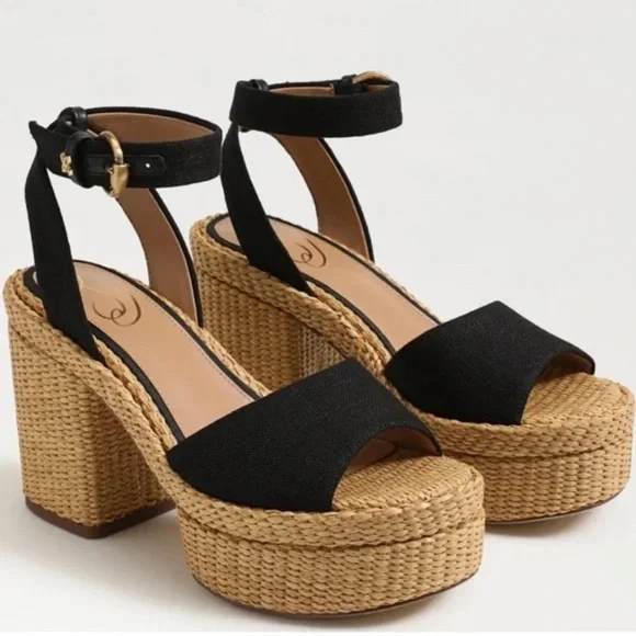 Sam Edelman Tan‎ Immie Black Woven Platform Ankle-Strap Heels