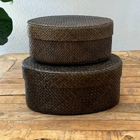 Wicker Lidded Storage Baskets (2) 8x3.5