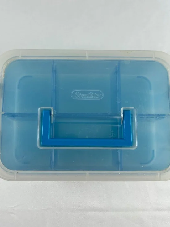 Sterilite Storage Container with Blue Removable Tray, Locking Lid with Handle.