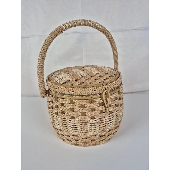 Vintage Wicker Sewing Basket Floral Lined Japan Insert Boho Craft Storage‎