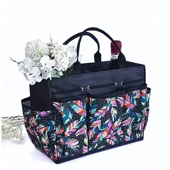Multi-Color Feather Print Black Tote Bag Home Organizer Multiple Pockets