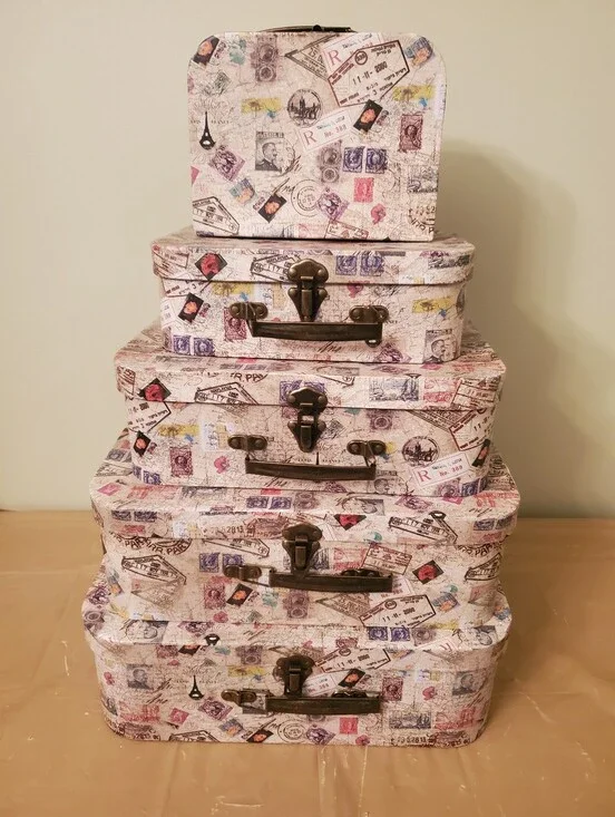 Vintage-like Stackable Suitcase Storage Boxes- Cream with Multicolor Stamps