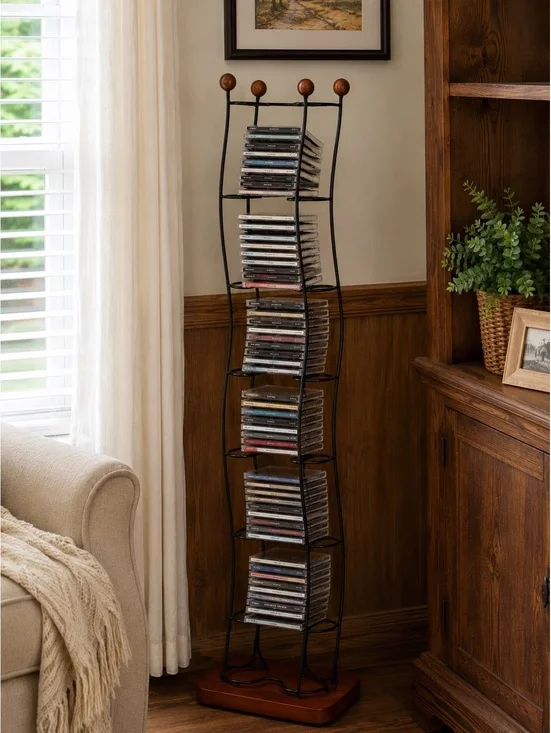 Vintage Wave Style 110 CD Storage Tower Metal Rack Wood Base 52 Inch