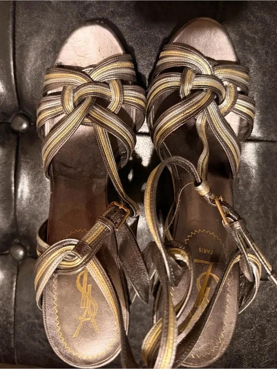 Yves Saint Laurent Metallic Brown Gold Strappy Heels