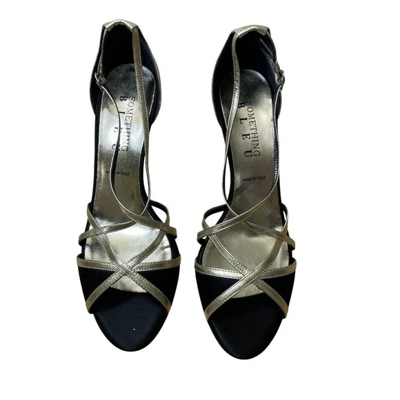 Something Bleu Womens 9.5 B Black Satin Gold Leather Strappy Heel‎ Sandals Italy
