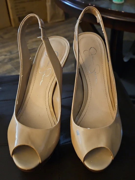 Jessica Simpson Nude Patent Peep-Toe Slingback Heels