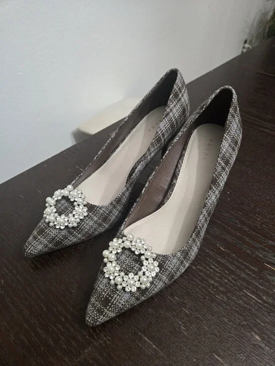 Randa plaid pattern jewel pumps; JP size 24.5, US women's size 7.5