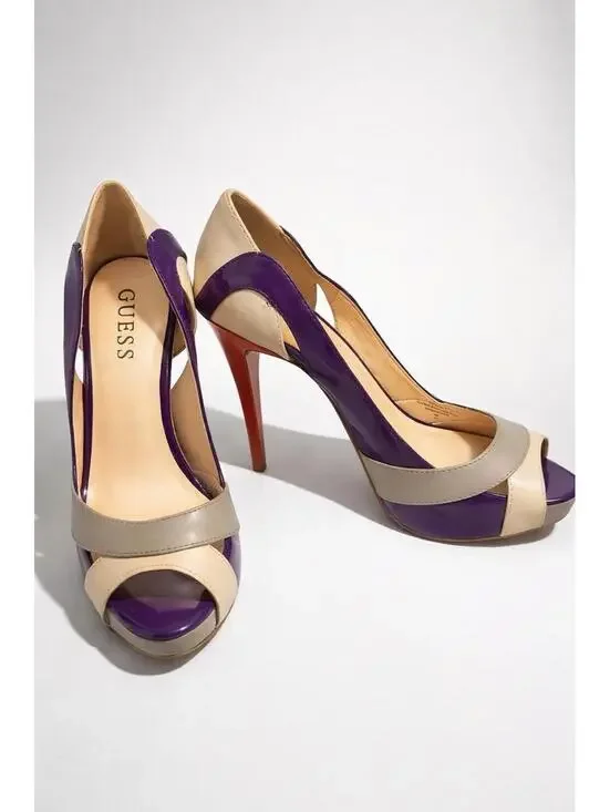 Guess Women's Purple and Beige High Heel Peep Toe Pumps Size 6