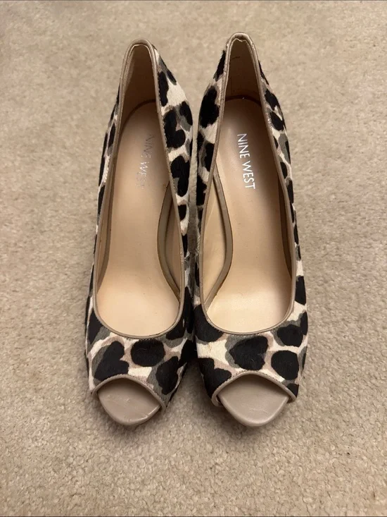 Nine West Leopard Print Peep-Toe Pumps - Beige and Black