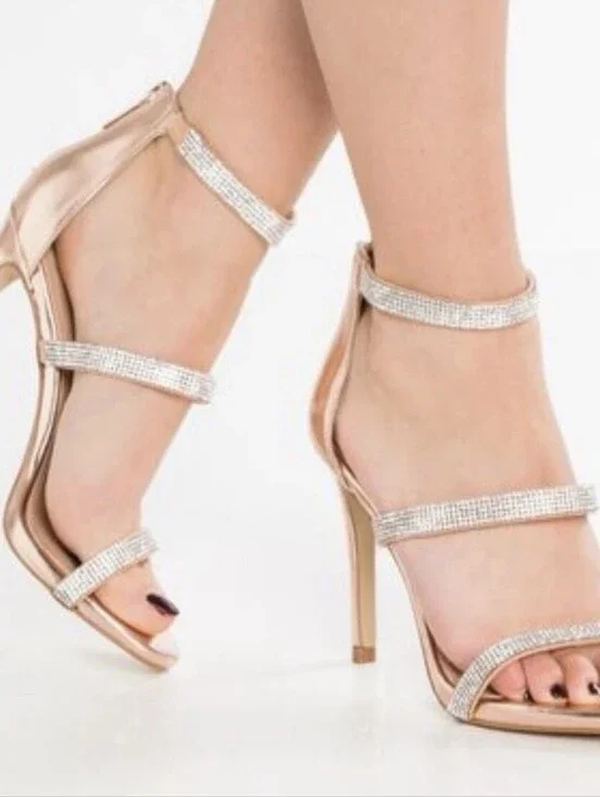 Steve Madden Smokin Rhinestone Ankle Strap Heels, Color Rose Gold Size 6.5